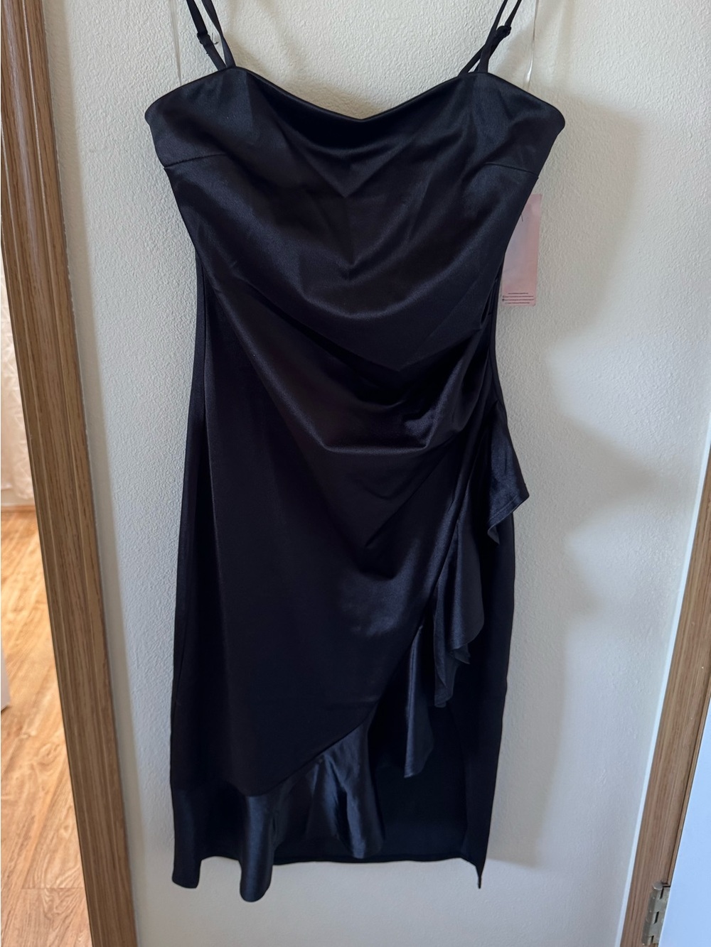 Black Satin Slip Dress with Draped Ruffle Detail